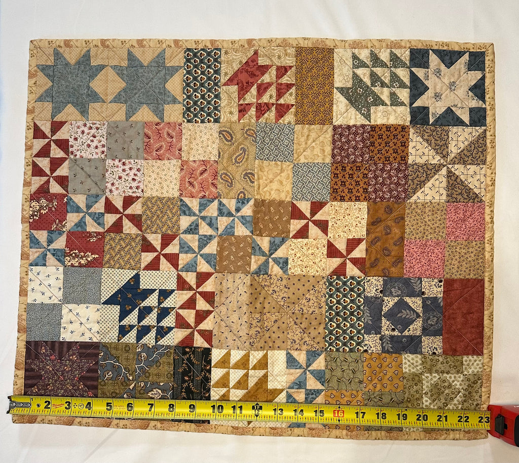 Handmade Patchwork Mini Quilt – Vintage Blue, Burgundy & Neutral