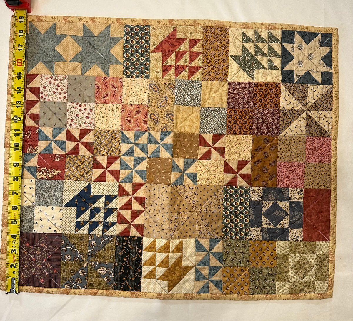 Handmade Patchwork Mini Quilt – Vintage Blue, Burgundy & Neutral