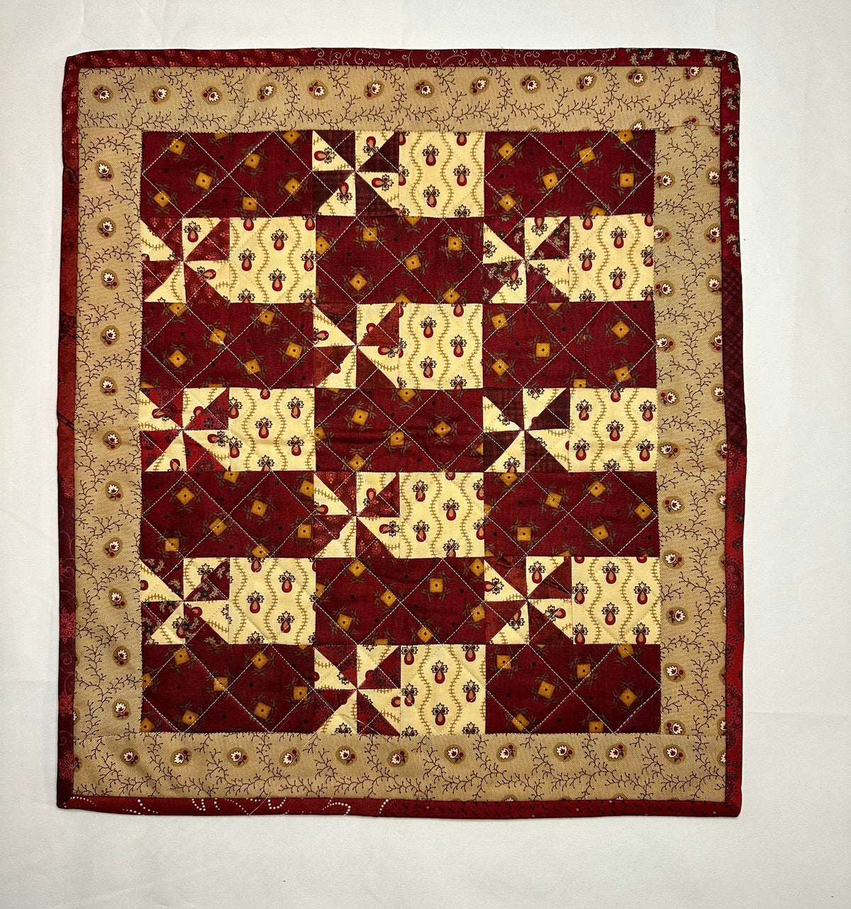 Handmade Patchwork Mini Quilt – Burgundy & Cream