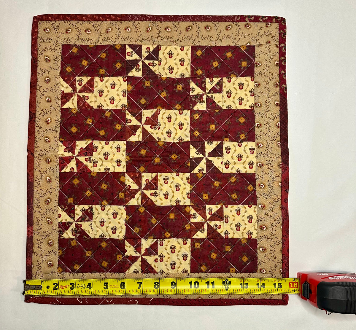 Handmade Patchwork Mini Quilt – Burgundy & Cream