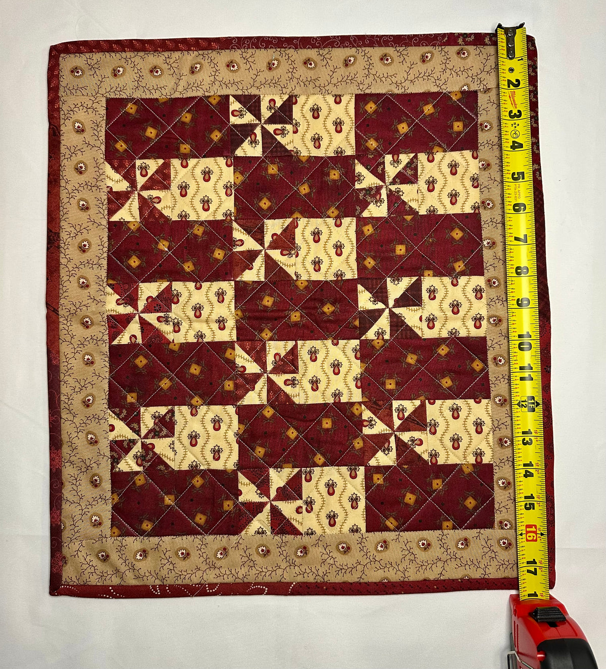 Handmade Patchwork Mini Quilt – Burgundy & Cream