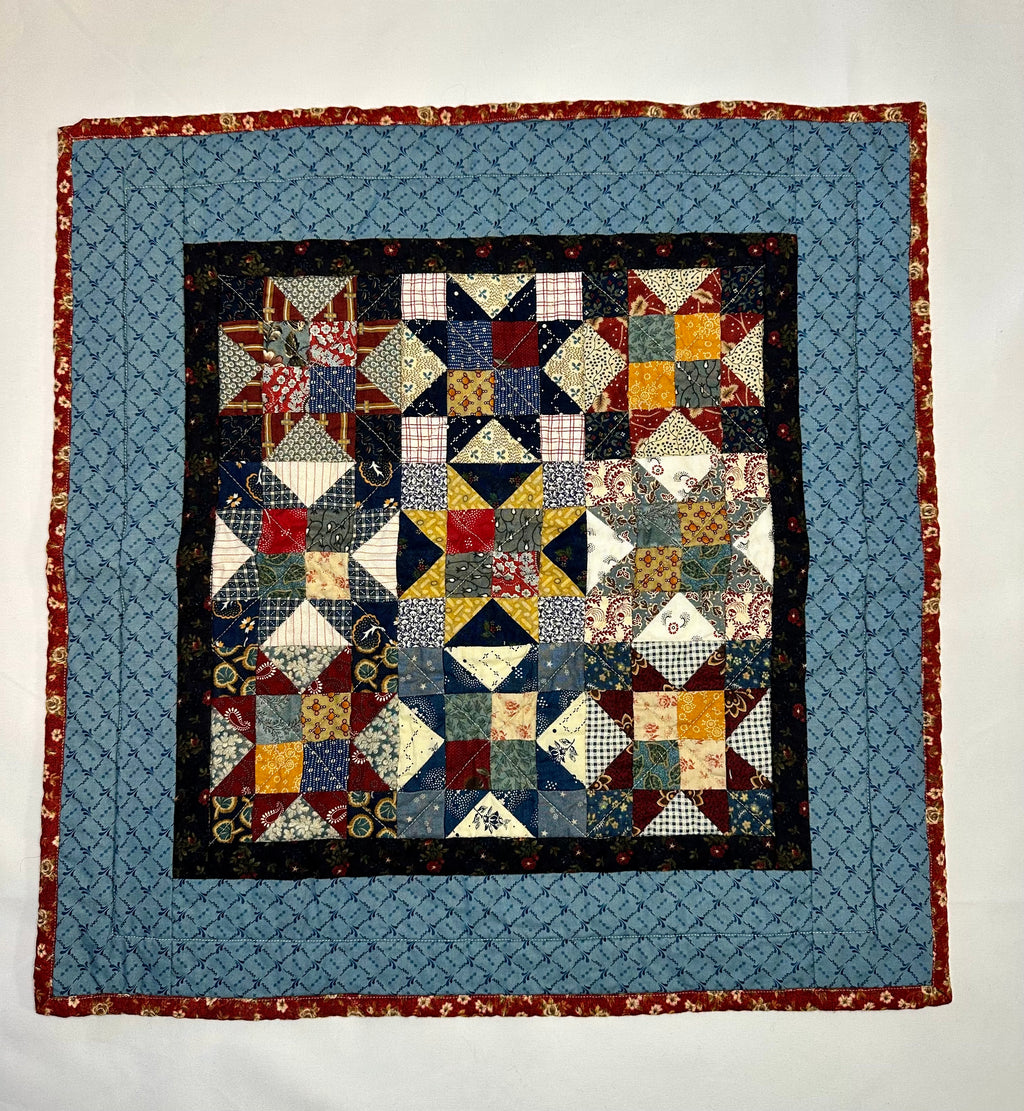 Handmade Star Patchwork Mini Quilt – Blue & Burgundy
