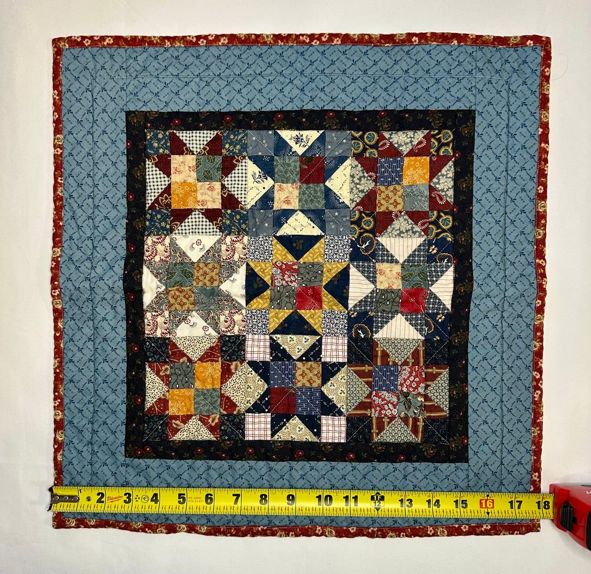 Handmade Star Patchwork Mini Quilt – Blue & Burgundy