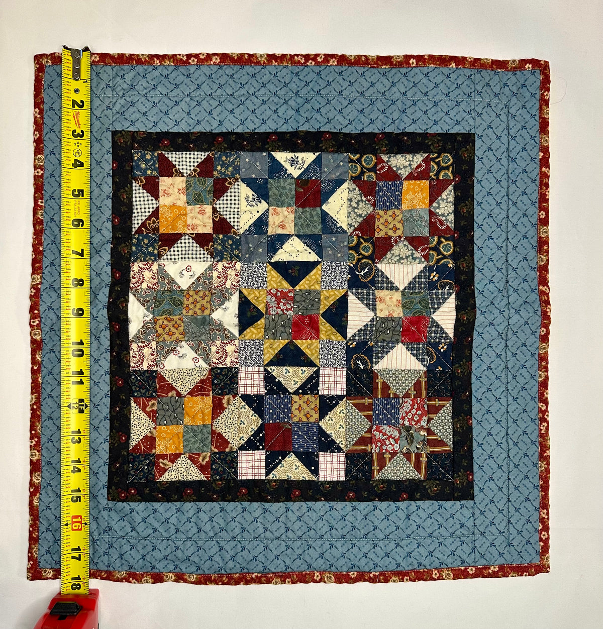 Handmade Star Patchwork Mini Quilt – Blue & Burgundy