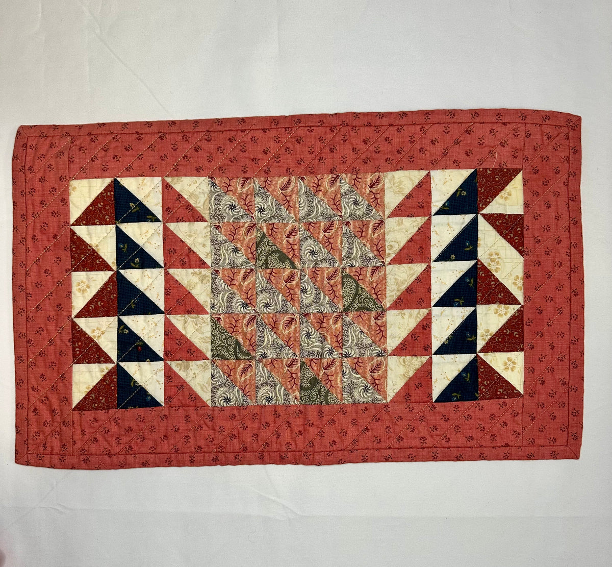 Handmade Geometric Patchwork Mini Quilt – Rust, Navy & Cream