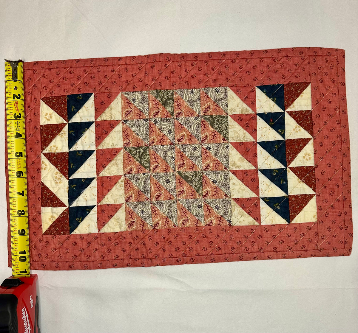 Handmade Geometric Patchwork Mini Quilt – Rust, Navy & Cream