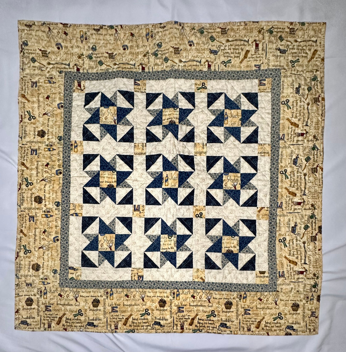 Handmade Blue Star Patchwork Quilt – 34" × 34"
